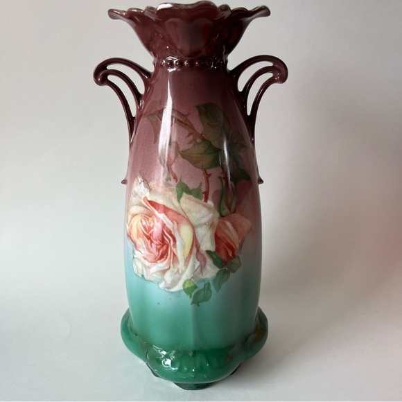 Beautiful Porcelain Pitcher 9.5" Tall" 5” Wide ~ Rose~ Gold Gild~ Green~Burgundy - Picture 4 of 12